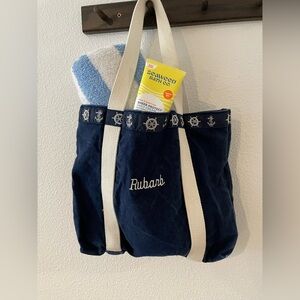 Beach Day! Navy Blue Canvas Tote Bag with Nautical Design Whimsical Embroidery